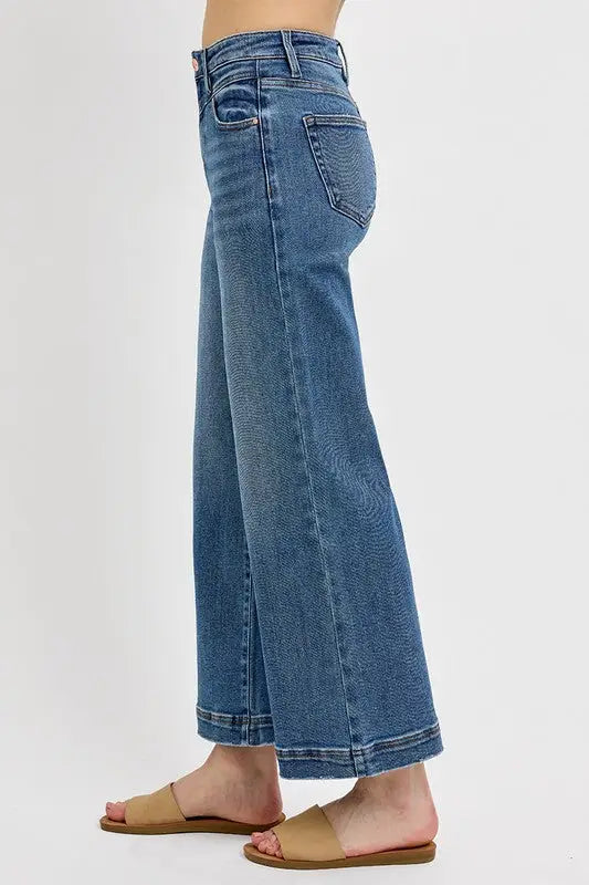 High Rise Crop Wide Leg Front Yoke Detail Jeans Plus Size - Eclectage