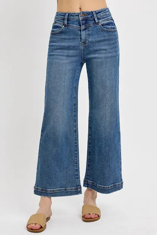 High Rise Crop Wide Leg Front Yoke Detail Jeans Plus Size - Eclectage
