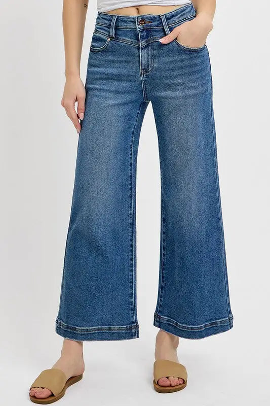 High Rise Crop Wide Leg Front Yoke Detail Jeans Plus Size - Eclectage