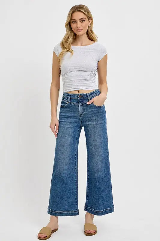 High Rise Crop Wide Leg Front Yoke Detail Jeans Plus Size - Eclectage
