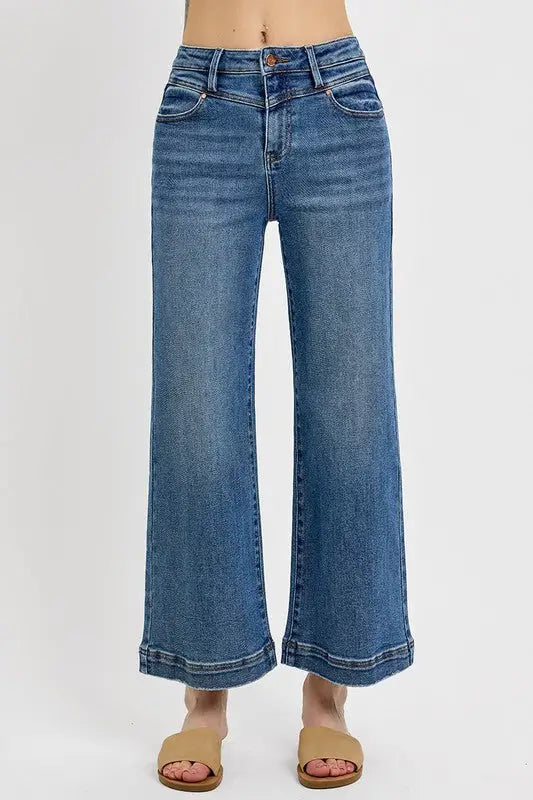 High Rise Crop Wide Leg Front Yoke Detail Jeans Plus Size - Eclectage