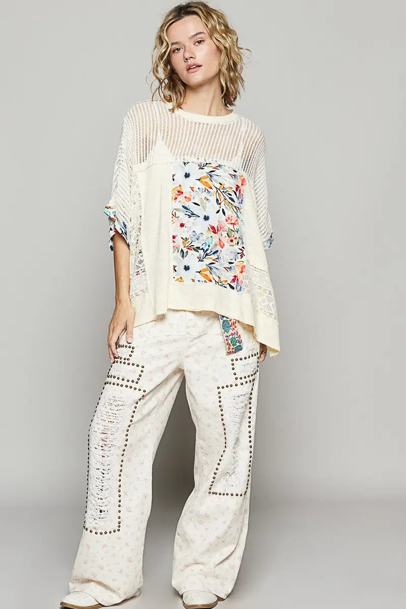 POL Hollow Out Floral Half Sleeve Knit Top - Eclectage