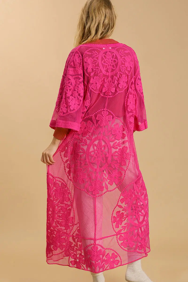 Umgee Full Size Floral Lace Open Front Long Kimono with Waist Tie Plus Size - Eclectage