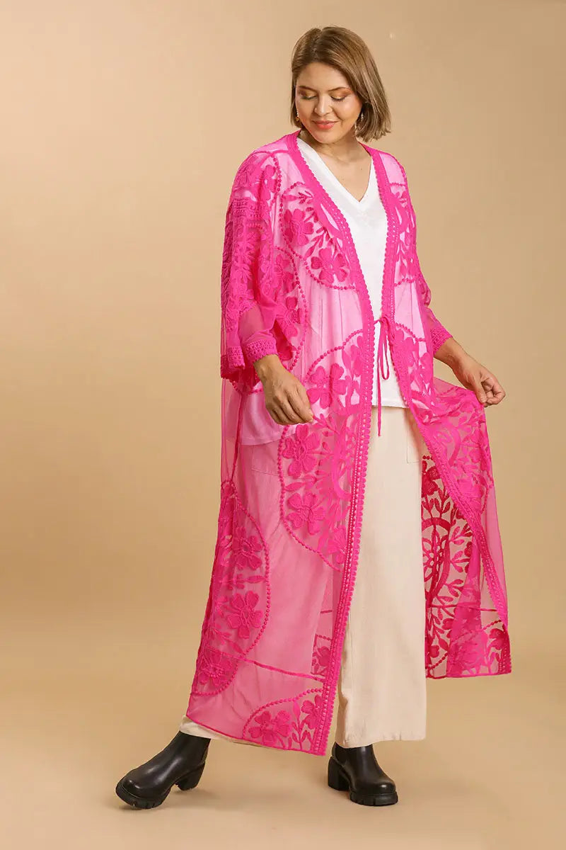 Umgee Full Size Floral Lace Open Front Long Kimono with Waist Tie Plus Size - Eclectage