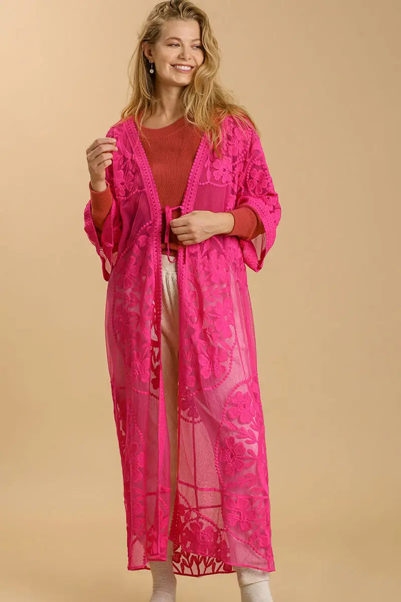 Umgee Full Size Floral Lace Open Front Long Kimono with Waist Tie Plus Size - Eclectage