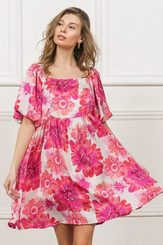 Hot Pink Floral Puff Sleeve Mini Dress - Mini Dresses