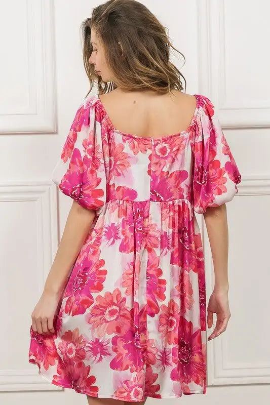 Hot Pink Floral Puff Sleeve Mini Dress - Mini Dresses
