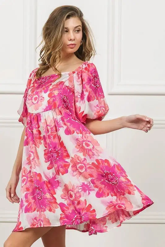 Hot Pink Floral Puff Sleeve Mini Dress - Mini Dresses