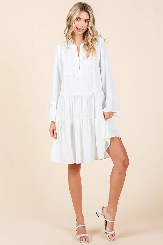 Mittoshop Tiered Notched Flare Sleeve Dress - Eclectage