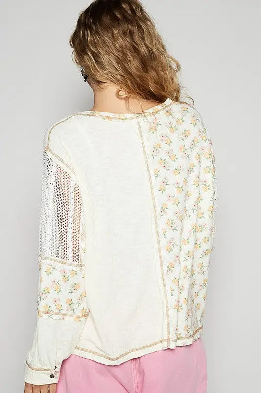 POL Floral Crochet Patch V-Neck Top - Eclectage