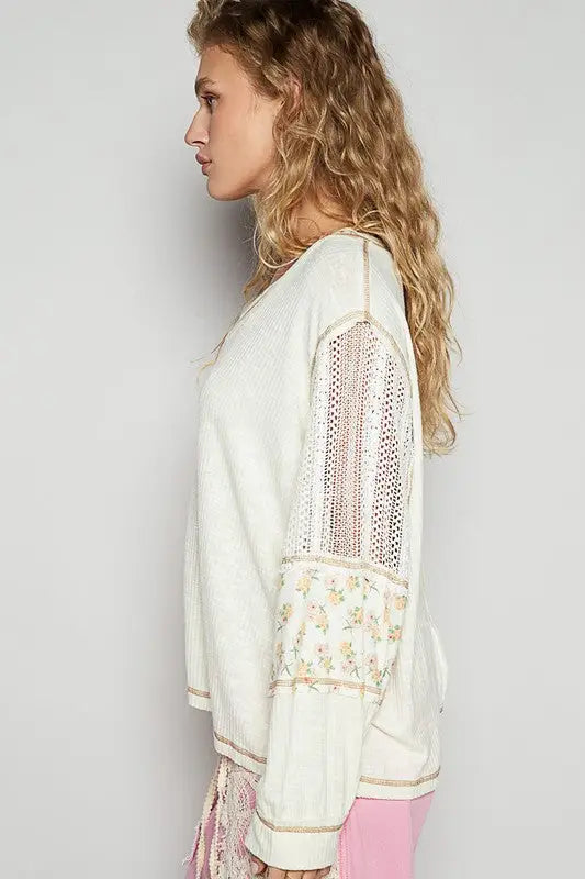 POL Floral Crochet Patch V-Neck Top - Eclectage