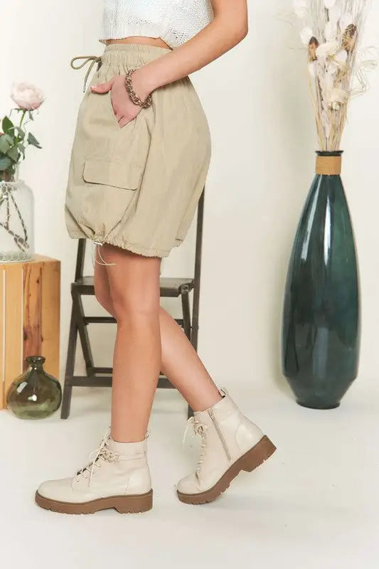 Khaki Drawstring Shorts with Pockets - Eclectage