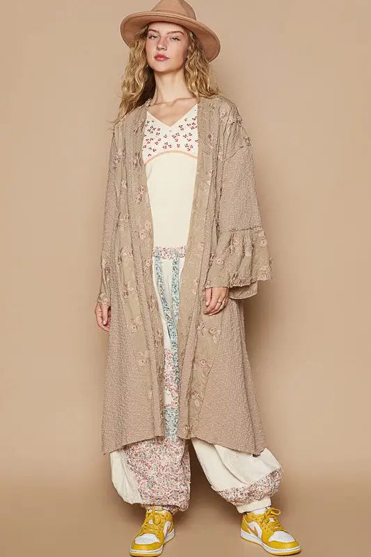 Khaki Flower Lace Trim Longline Cardigan - Eclectage