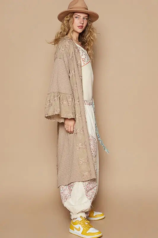 Khaki Flower Lace Trim Longline Cardigan - Eclectage