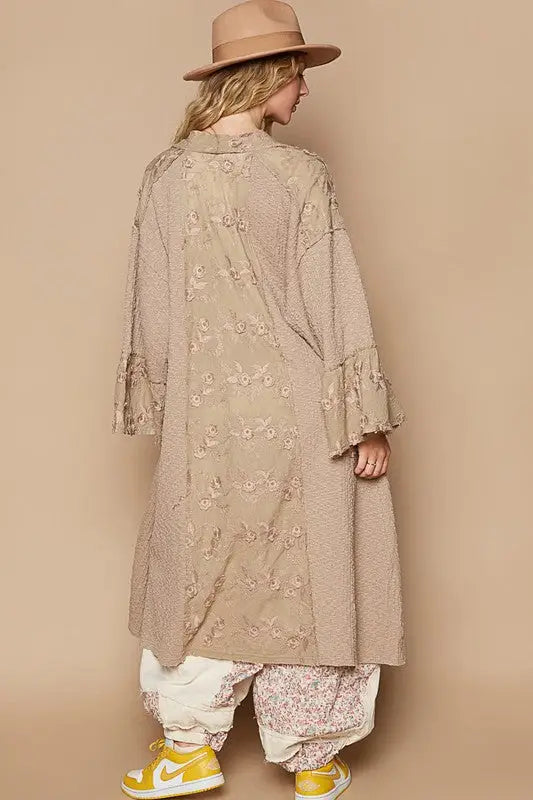 Khaki Flower Lace Trim Longline Cardigan - Eclectage