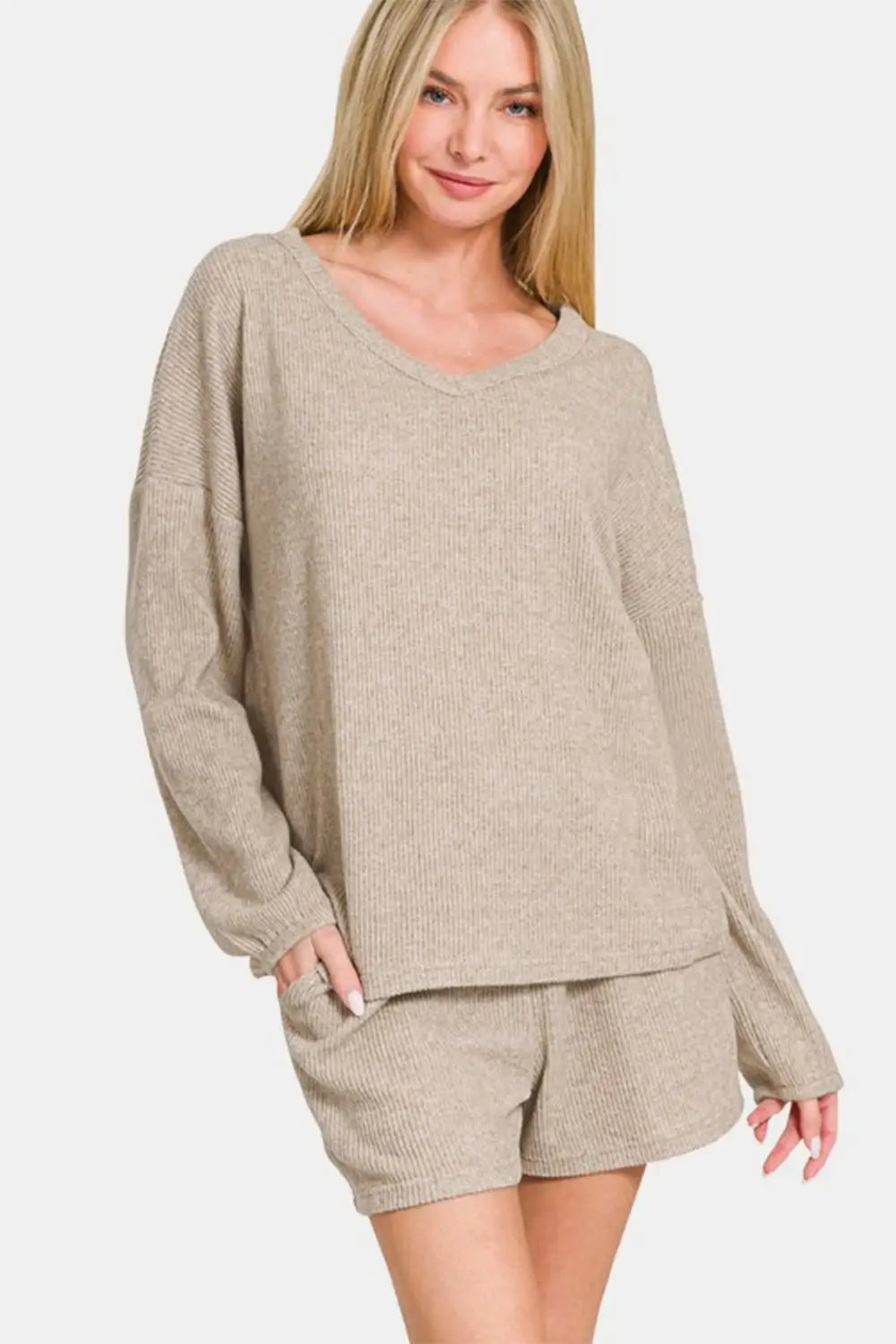 Khaki Long Sleeve Shorts Set - Shorts Sets