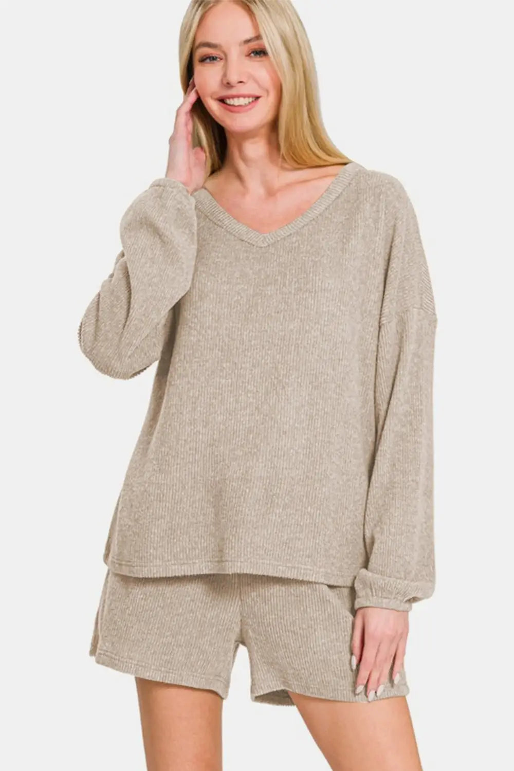 Khaki Long Sleeve Shorts Set - Shorts Sets