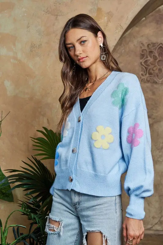 Lantern Sleeve Cardigan with Flowers - Eclectage