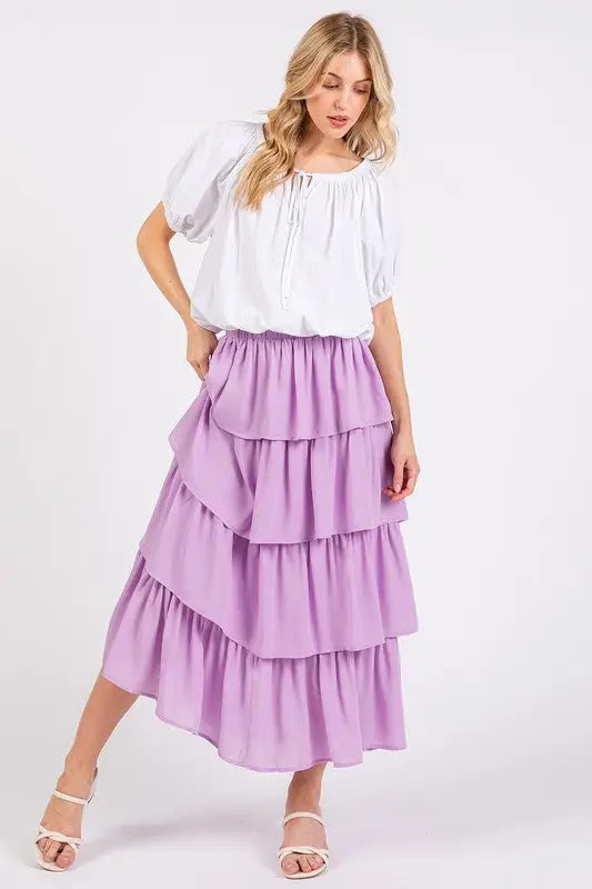 Lavender Chiffon Ruffle Layer Midi Skirt - Eclectage