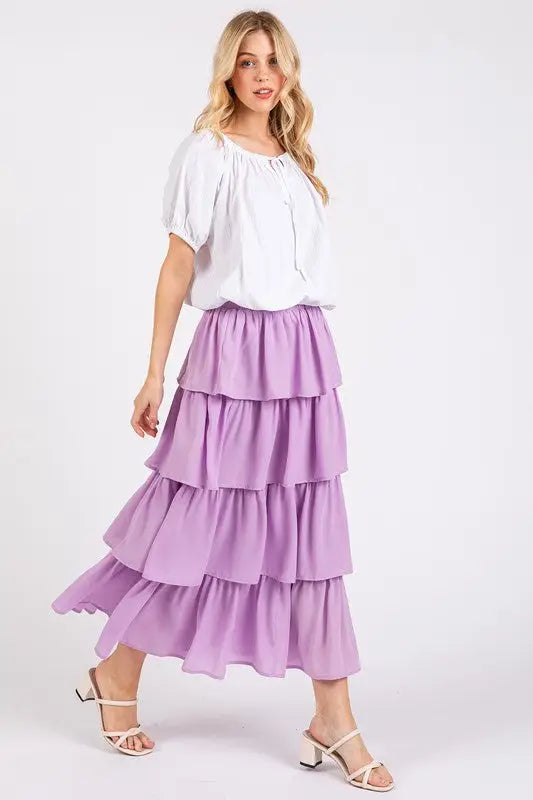 Lavender Chiffon Ruffle Layer Midi Skirt - Eclectage