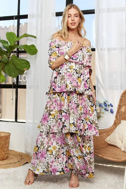 Layered Floral Off-Shoulder Maxi Dress - Eclectage