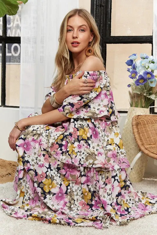 Layered Floral Off-Shoulder Maxi Dress - Eclectage