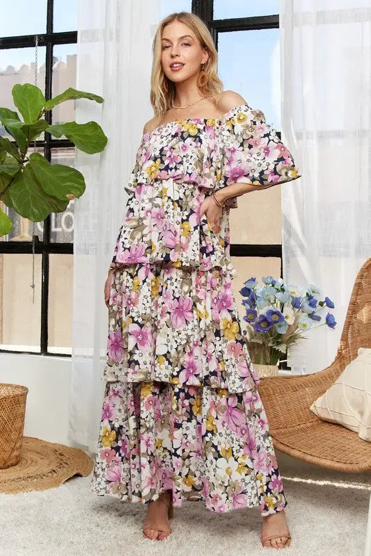 Layered Floral Off-Shoulder Maxi Dress - Eclectage