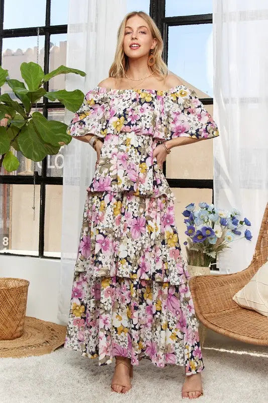 Layered Floral Off-Shoulder Maxi Dress - Eclectage