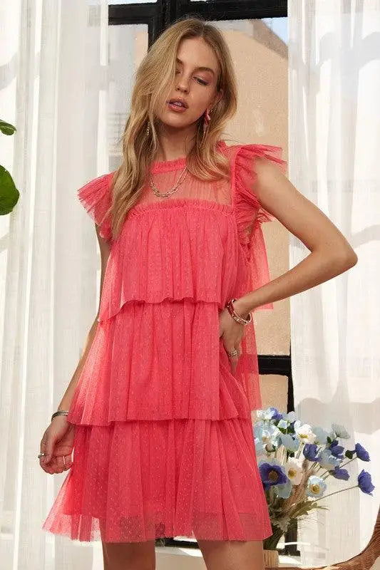 Layered Ruffled Cap Sleeve Mesh Dress - Eclectage