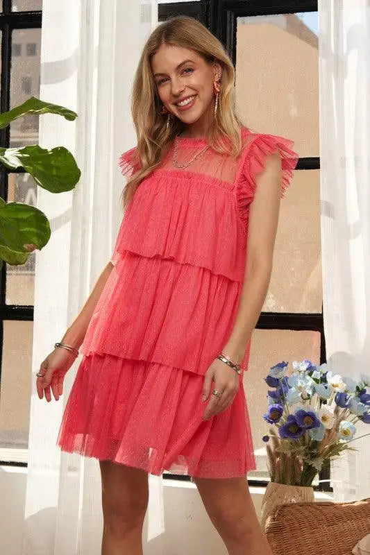 Layered Ruffled Cap Sleeve Mesh Dress - Eclectage