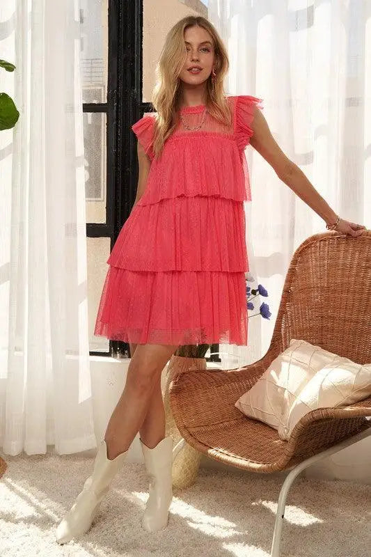 Layered Ruffled Cap Sleeve Mesh Dress - Eclectage