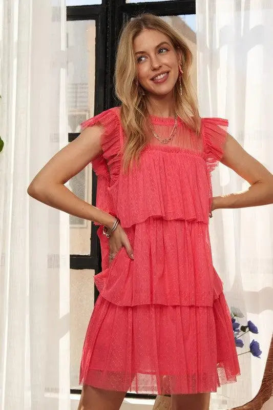 Layered Ruffled Cap Sleeve Mesh Dress - Eclectage