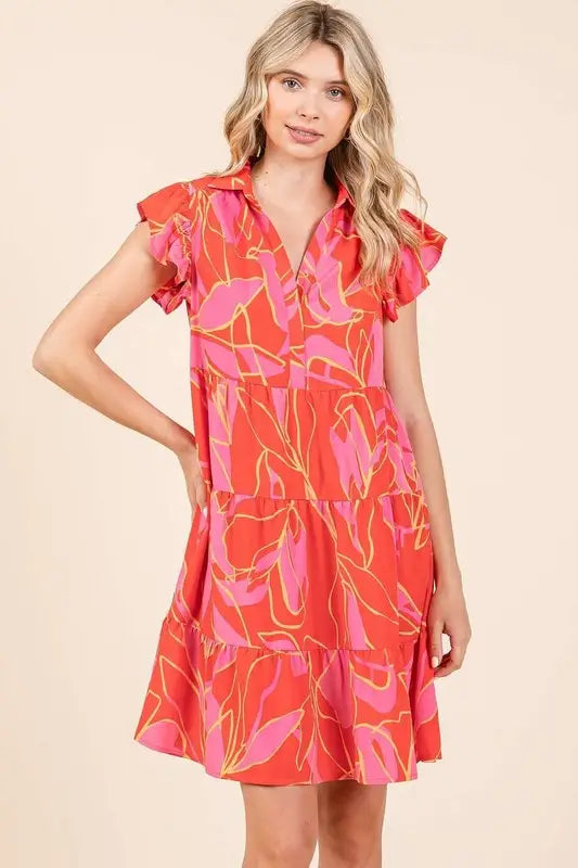 Mittoshop Leaf Print Ruffle Sleeve Tiered Mini Dress - Eclectage