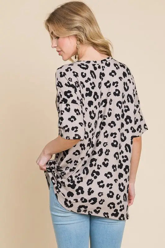Leopard Half Sleeve Button Detail Top - Tops