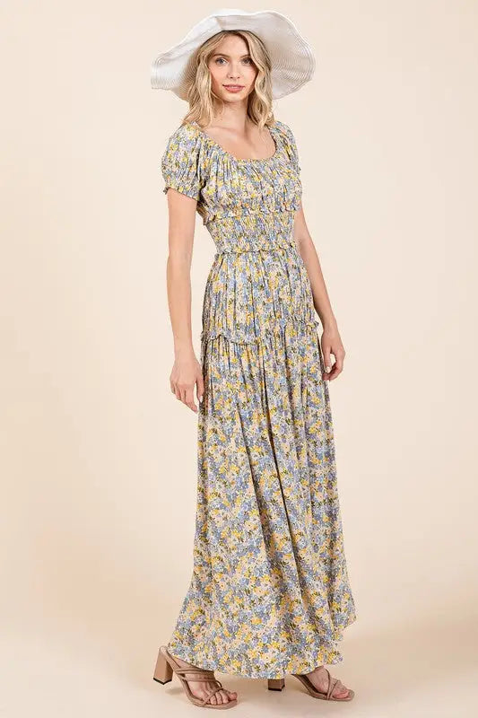 Light Blue Floral Gathered Maxi Dress - Eclectage