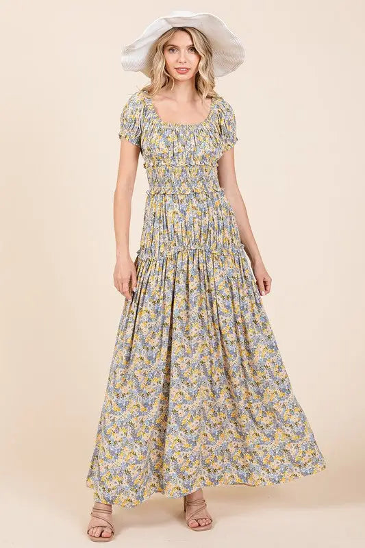 Light Blue Floral Gathered Maxi Dress - Eclectage