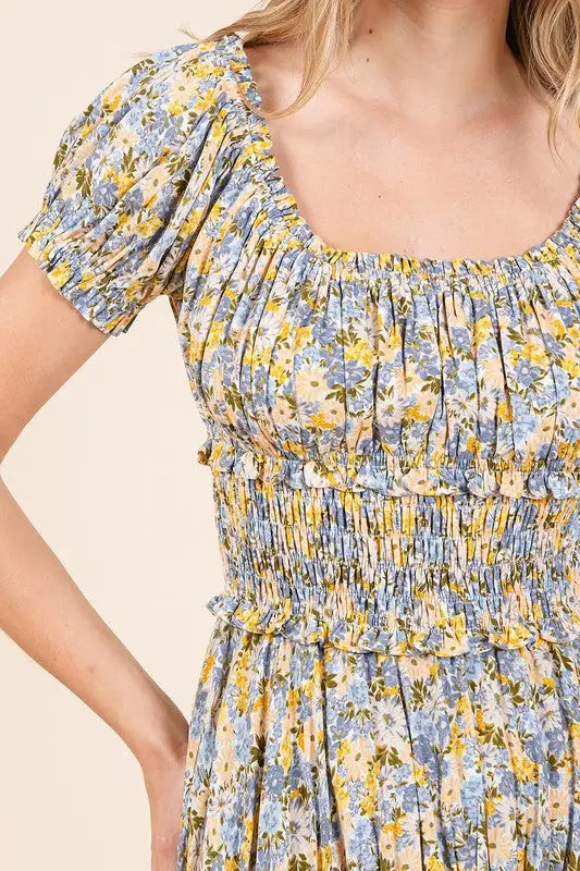 Light Blue Floral Gathered Maxi Dress - Eclectage