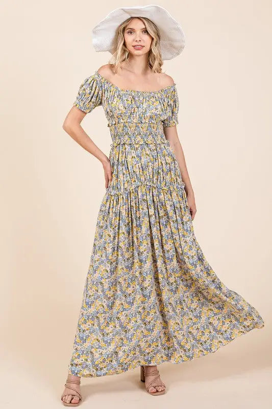 Light Blue Floral Gathered Maxi Dress - Eclectage