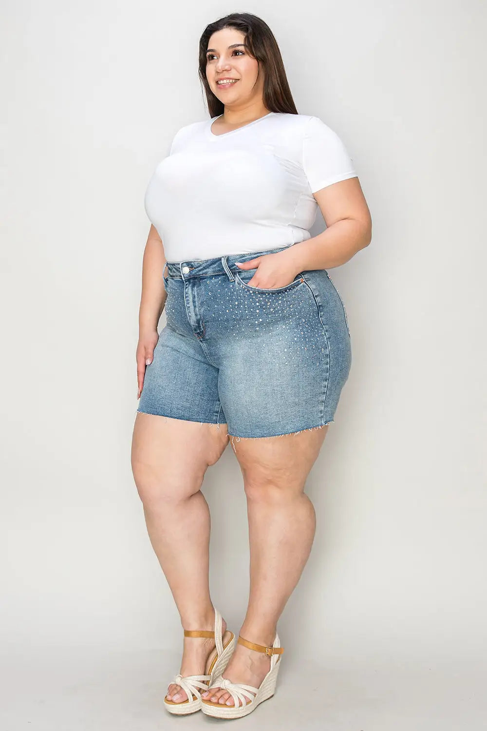 Judy Blue Full Size High Waist Rhinestone Decor Denim Shorts - Eclectage