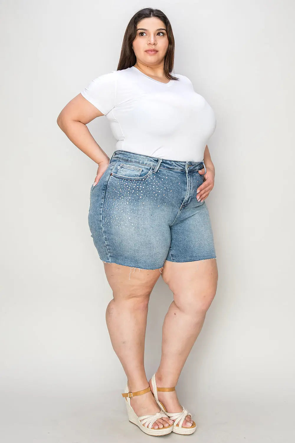 Judy Blue Full Size High Waist Rhinestone Decor Denim Shorts - Eclectage