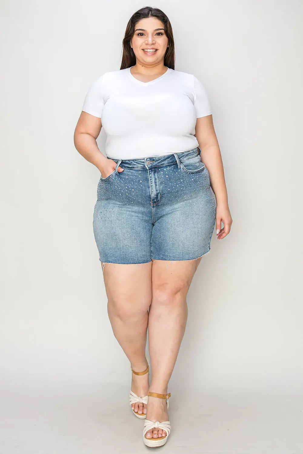 Judy Blue Full Size High Waist Rhinestone Decor Denim Shorts - Eclectage