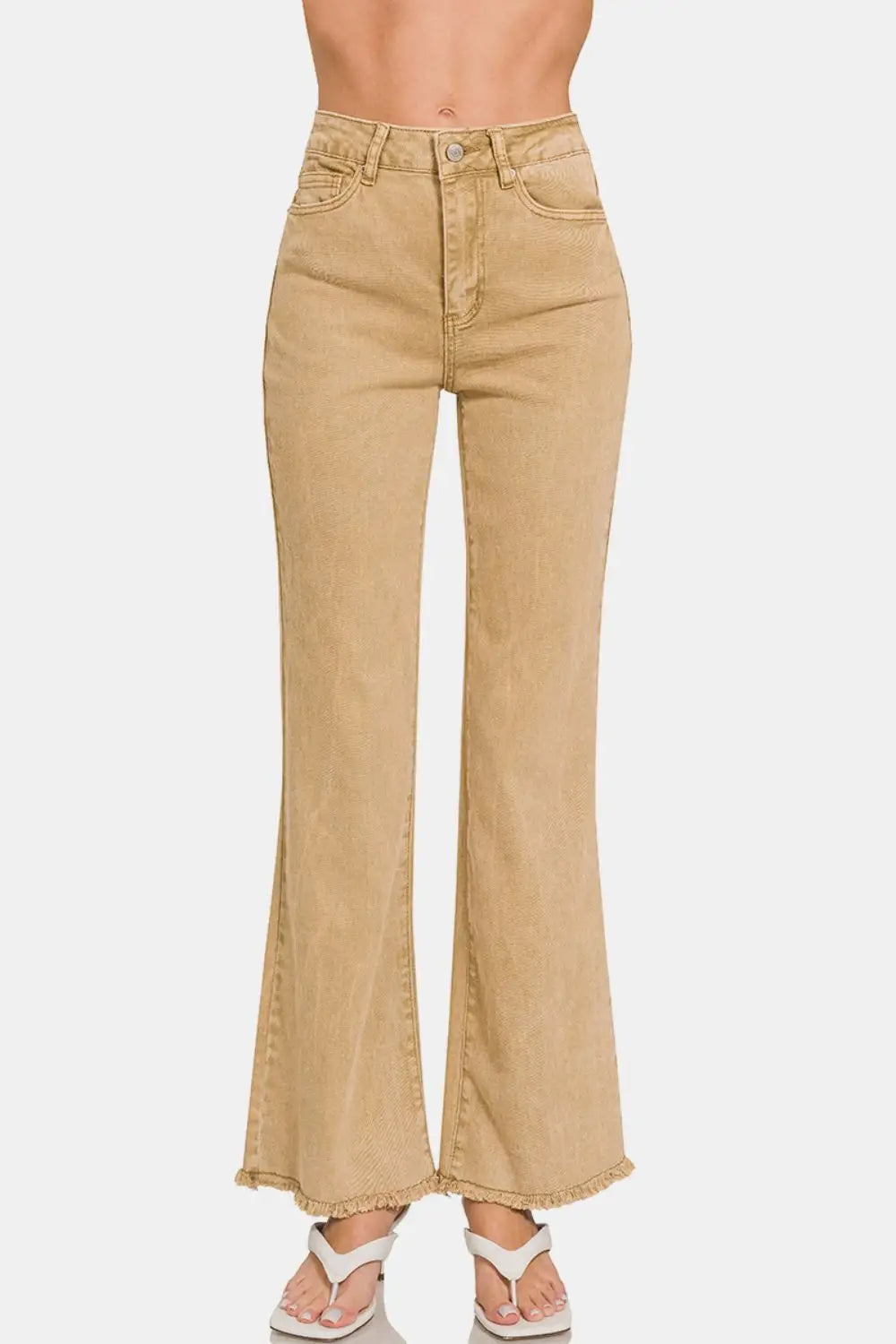 Light Camel Acid Washed Frayed Hem Jeans - Eclectage