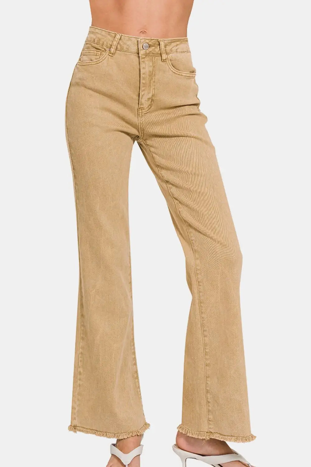 Light Camel Acid Washed Frayed Hem Jeans - Eclectage