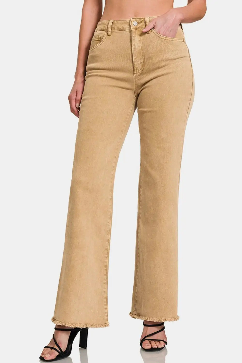 Light Camel Acid Washed Frayed Hem Jeans - Eclectage