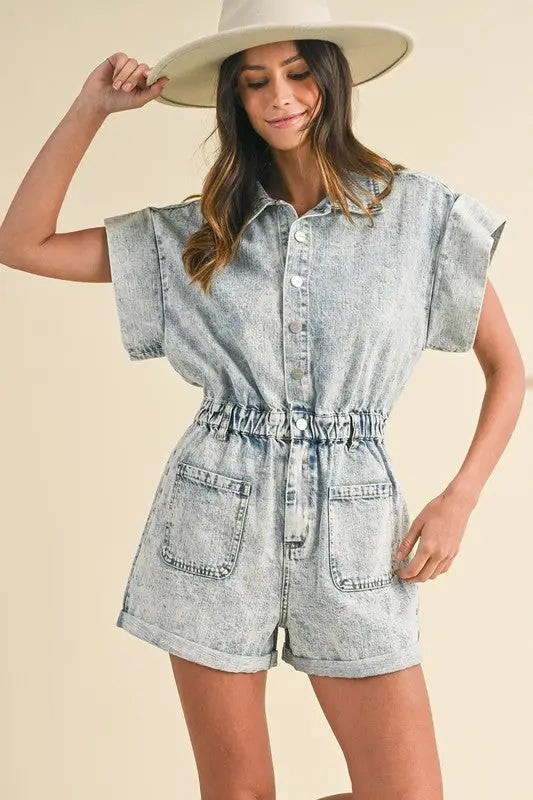 Light Denim Short Sleeve Romper - Eclectage