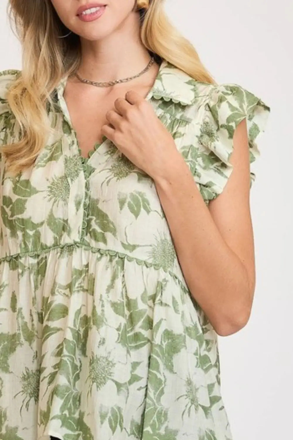 Umgee Full Size Botanical Print Babydoll Top Plus Size - Eclectage