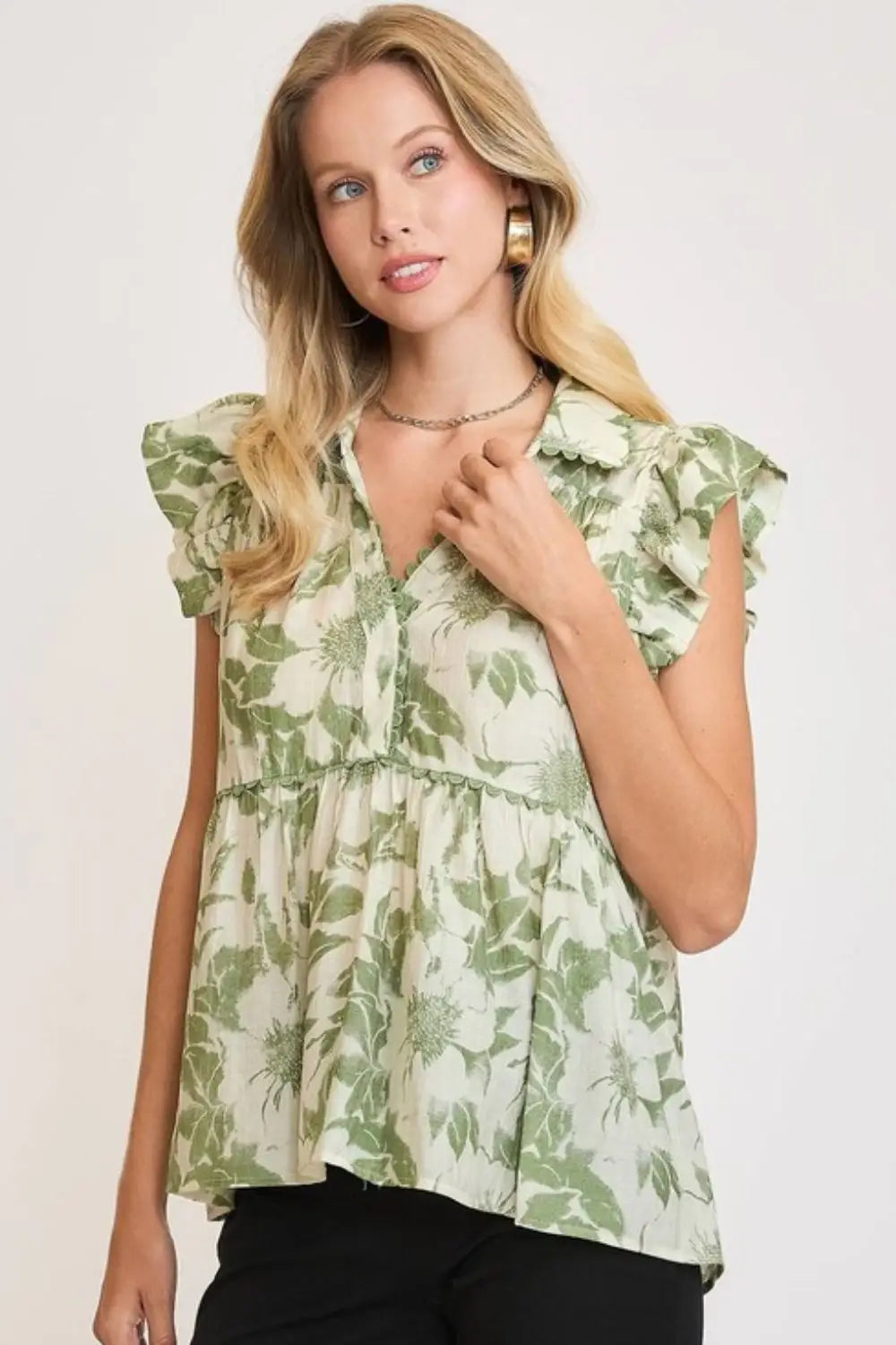 Umgee Full Size Botanical Print Babydoll Top Plus Size - Eclectage