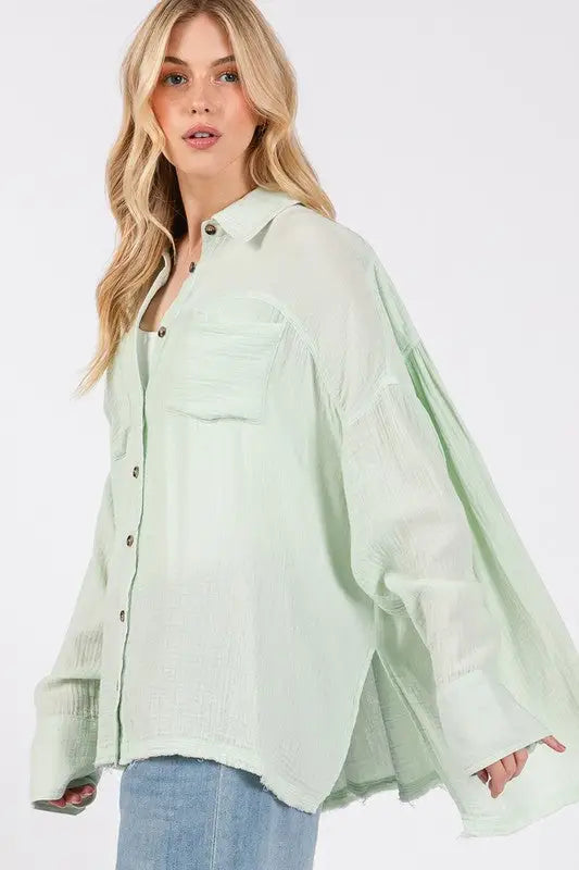 SAGE + FIG Frayed Hem Side Slit Button Down Shirt - Eclectage
