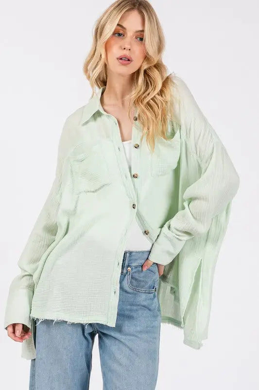 SAGE + FIG Frayed Hem Side Slit Button Down Shirt - Eclectage