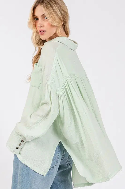 SAGE + FIG Frayed Hem Side Slit Button Down Shirt - Eclectage